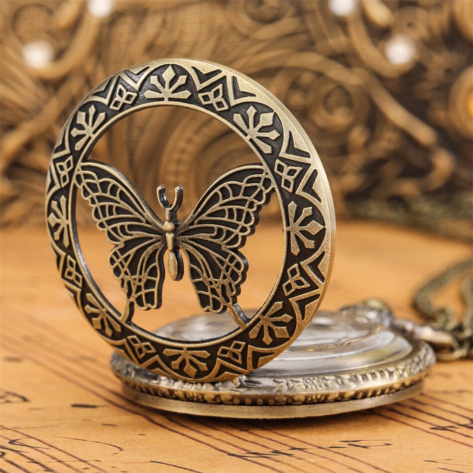 Hohl Bronze- Schmetterling Quarz Taschenuhr zur Seite fahren Kette Halskette Anhänger Antike Uhr Männer Frauen