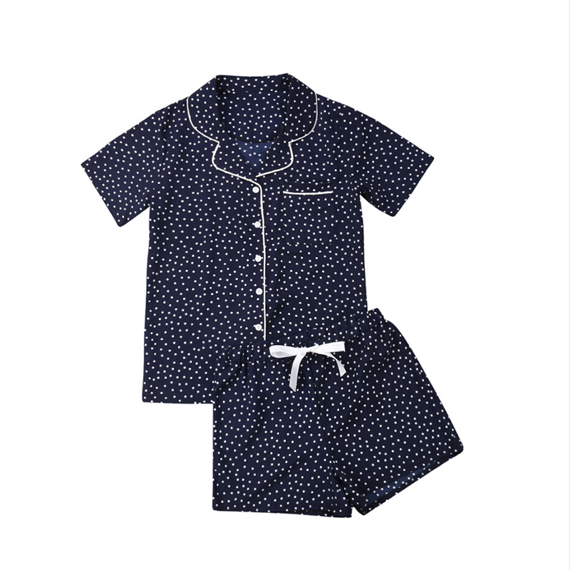Afslappet kvinder løse pyjamas sæt prik print sommer korte ærmer skjorter+bukser nattøj nattøj kvinde pyjamas hjemmetøj robe: Marine blå / Xl