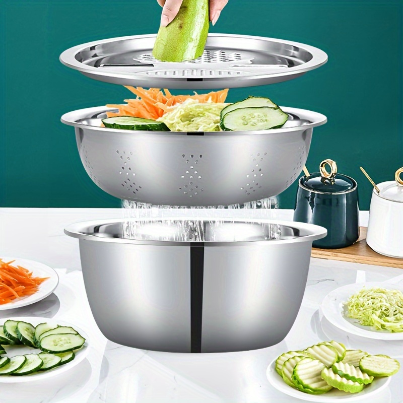 Cubiertas para cuencos de cocina de acero inoxidable de 3 piezas, cuenco para mezclar multifuncional, cepilladora, rebanado multicapa desmontable