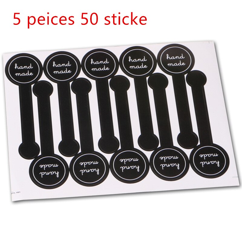 10/50/100PCS Adhesive Long Style "HAND MADE" Black Handmade Cake Packaging Sealing Label Kraft Sticker Baking DIY Stickers: 5 peices 50 sticke