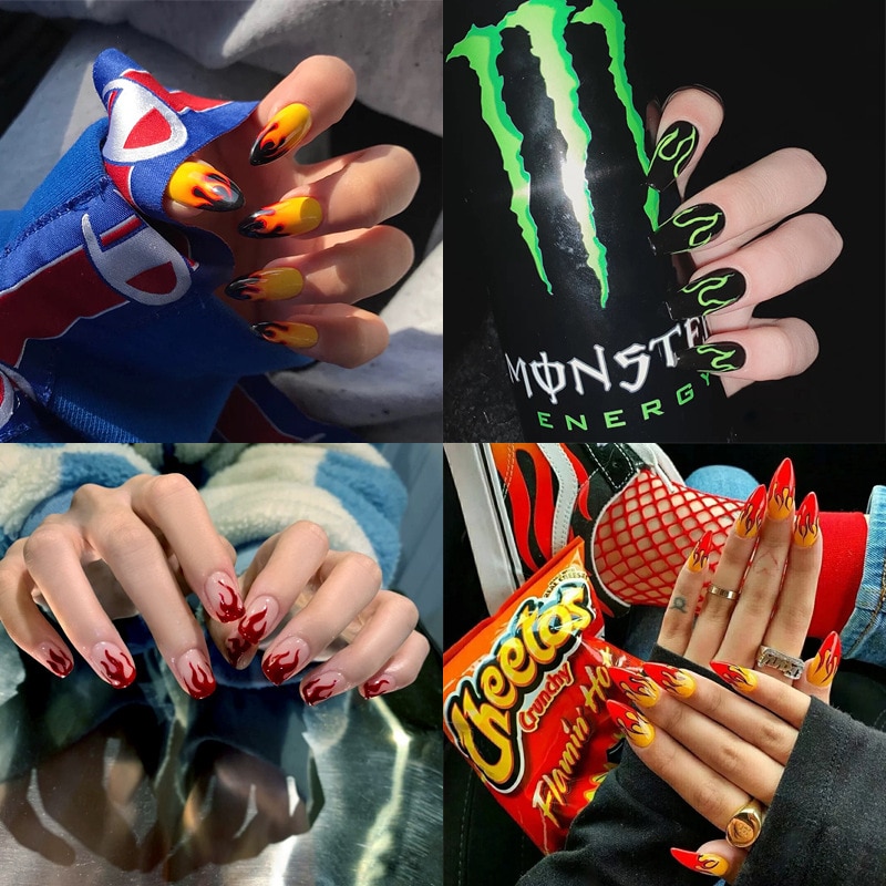 24 stuks punk puntige vlam nepnagels europa druk op nagel tip gereedschap afneembaar waterdicht dragen nagelkunst