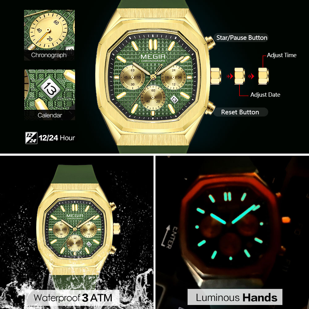 Megir heren waterdicht horloge met achthoekige wijzerplaat, chronograaf, quartz polshorloge met olijfgroene siliconen band, datumweergave en lichtgevende wijzers 2215