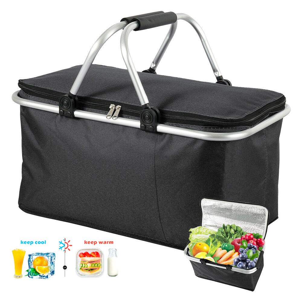32L Folding Picnic Camping Lunch Bags Insulated Cooler Bag Cool Hamper Storage Basket Bag Box Outdoor Portable Picnic Basket: Black