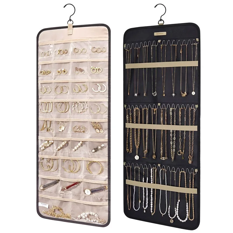 Tragbarer Reise-Schmuck-Organizer zum Aufhängen an der Wand, Halskettenhalter, Anti-Tangle-Ohrring-Aufhänger mit 20 Beuteln, Aufbewahrungsrolle: Black