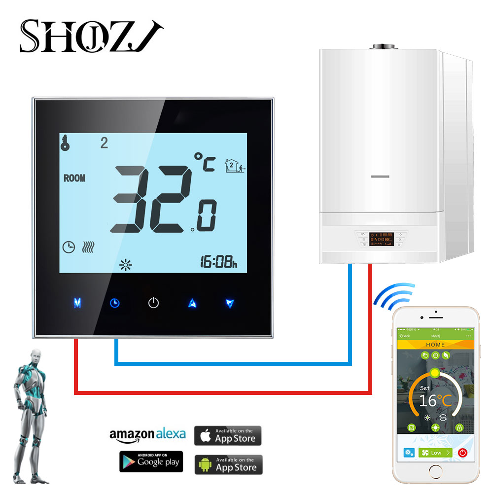 Echo Google Home iFtt Wireless APP WiFi Gas Boiler Touch Screen Room Thermostat Weekly Programmable Smart Temperature Regulator