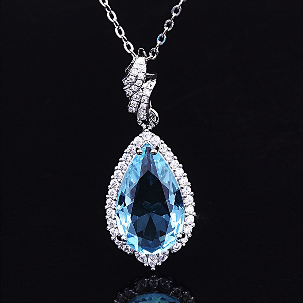 Luxus großen aquamarin edelsteine diamant Anhänger halsketten für frauen blau kristall Weiß Gold farbe halsband kette schmuck Schmuckstück: Ursprünglich Titel