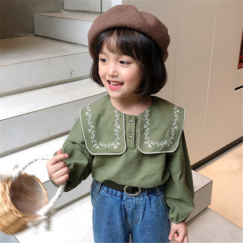 2020 bambini Camicette Autunno Del Bambino Della Ragazza Del Manicotto Lungo Del Fiore Del Ricamo Della Camicia Della Principessa Delle Ragazze Dei Capretti Cotone Magliette E Camicette Abbigliamento Per Bambini: S37 green / 6T