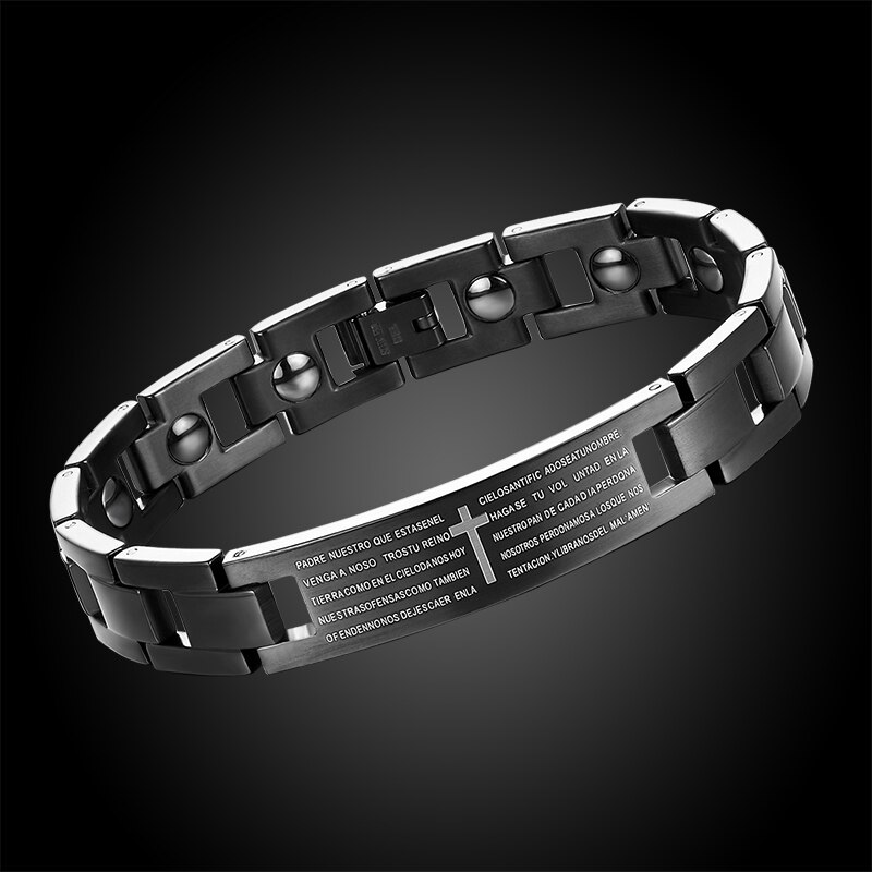 Männer Kreuz Bibel Gesundheit Gleichgewicht Energie Armbinde Hologramm Therapie Magnetische Therapie Heilung Edelstahl Schwarz Armreif Schmuck