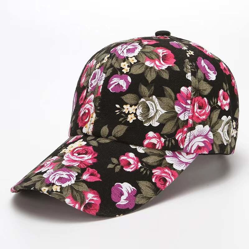 Women's Baseball Colorful Flower Printed Woman Accessori Baseball Cap Cotton Sunshade Outdoor Snapback: Black