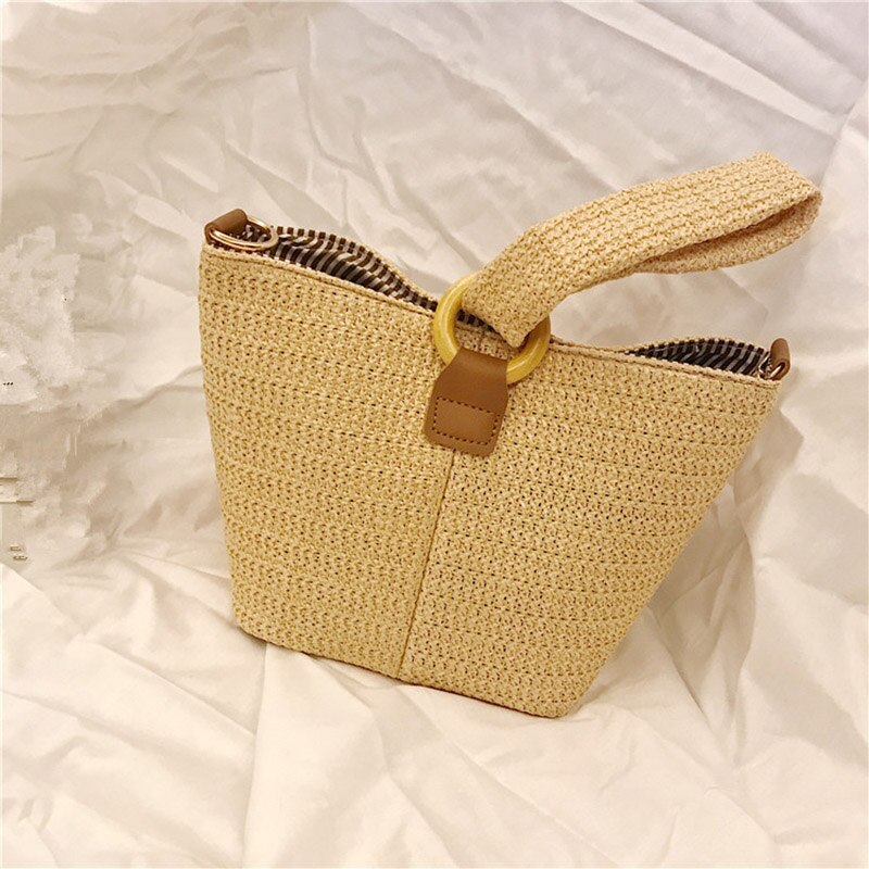 Dame håndtaske enkel stråvævet taske med rundt spænde til shopping: Default Title