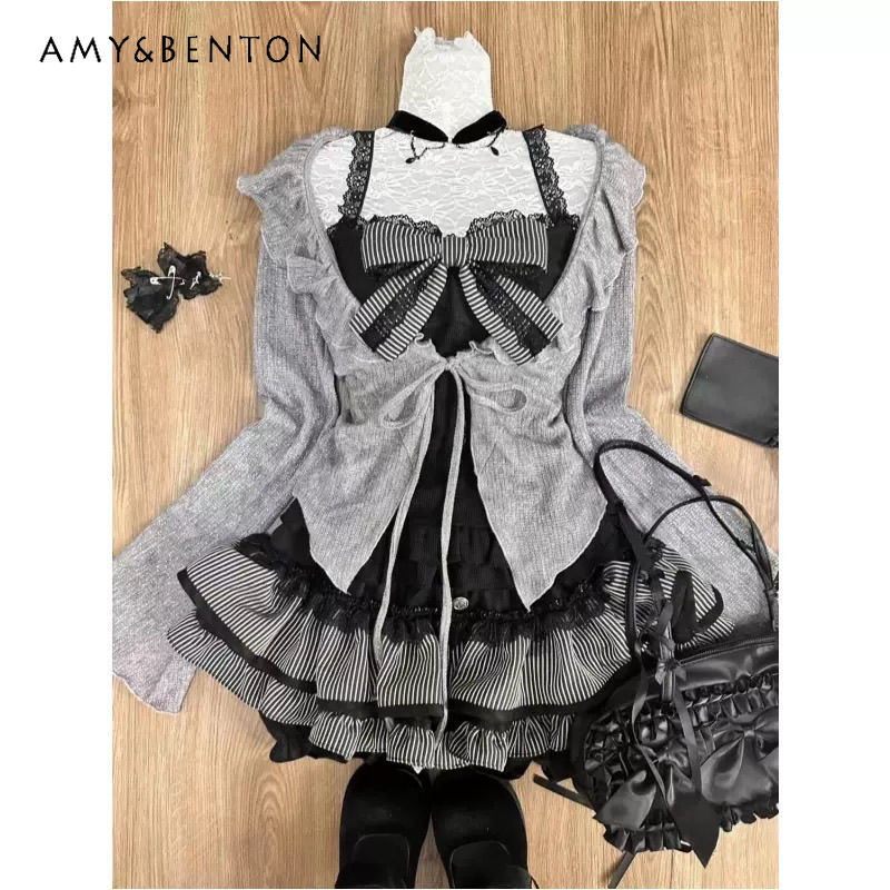 Sommer Herbst würzen Mädchen Abi Kultur Grau Schwarz Spitze Y2K Strickjacke Tragen Kuchen Spleißen Hosenträger Felsen Drei-stück einstellen für Frauen