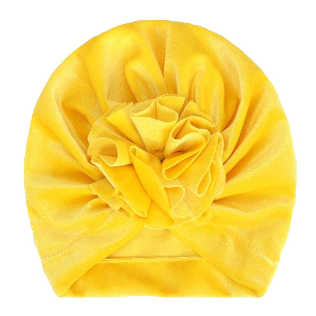Baby Bloem Fluwelen India Hoed Moslim Ruche Kanker Chemo Hoed Beanie Meisjes Jongens Moslim Sjaal Cap Haaraccessoires: YELLOW
