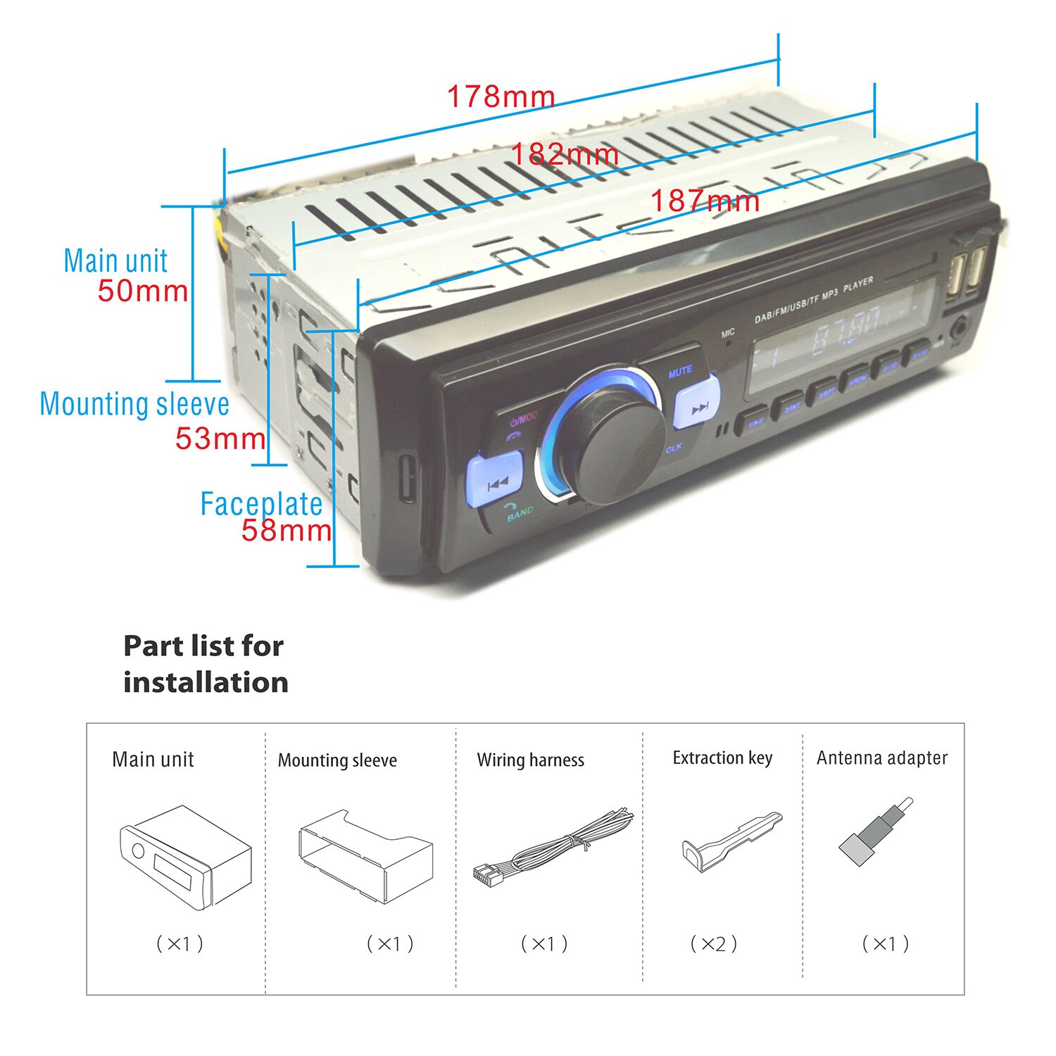 1 Din Car Navigation Player Radio Stereo Car Digital Radio System BT Car Audio Player, In-dash FM with DAB/DAB+/FM Receiver