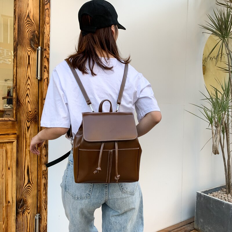 Mode Vrouwen Rugzak Pu Lederen Schooltas Kleine Schooltas Voor Tiener Meisjes Trekkoord Rugzakken Dames Rugzak Bolsa Zwart