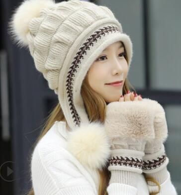señoras gorro lana gorro Sanmao Bola de espalda al aire de punto sombrero de terciopelo grueso gorro tejido para abrigo niña Otoño e Invierno oreja protección: Hat and  gloves