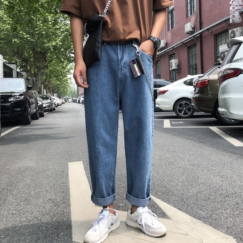 Sommer tynde bukser mandlige koreansk version af trenden lige jeans mænds løse brede ben bukser tidevand mærke afslappet ni bukser: 901- blå / Xl