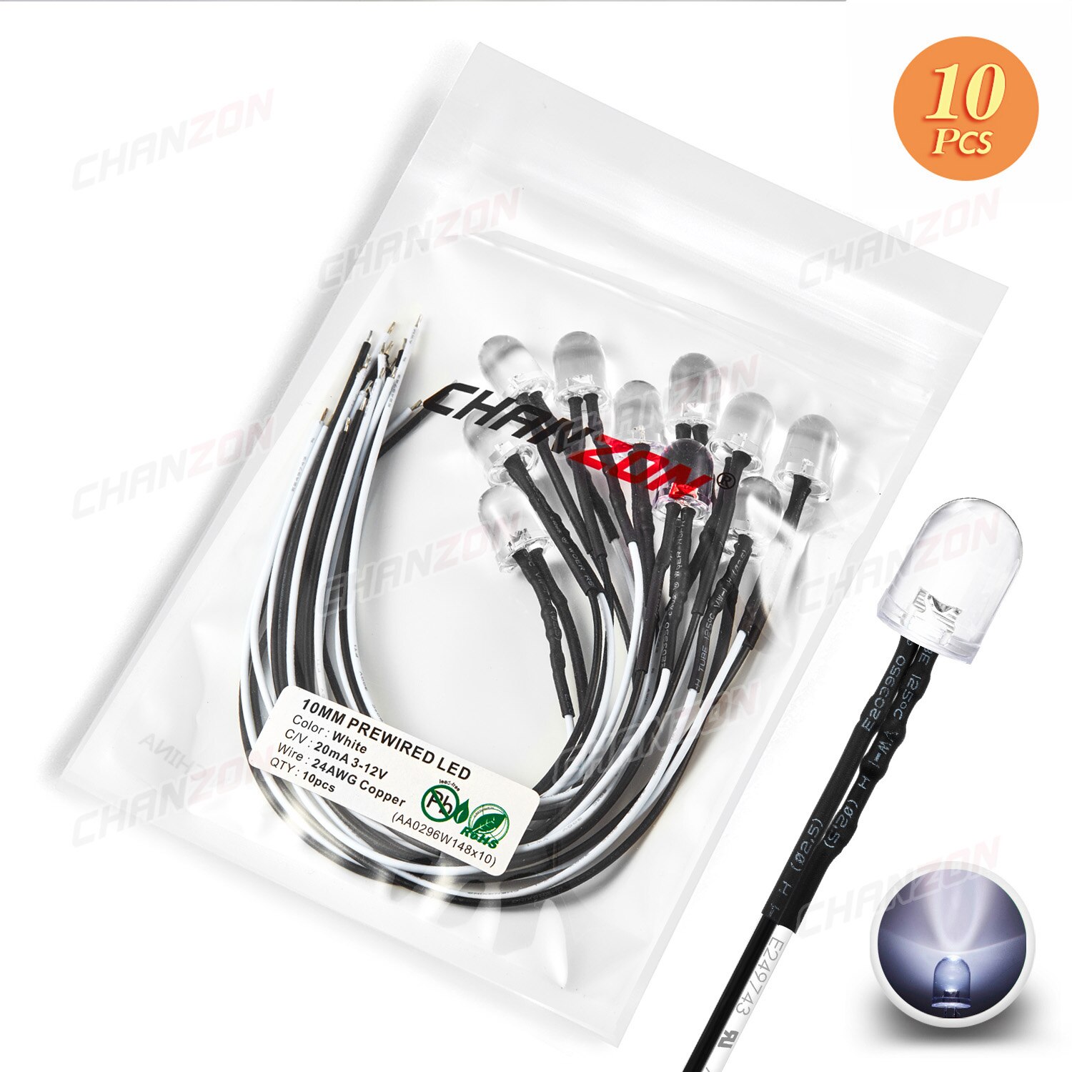 10pcs Bright 10mm Prewired LED 5V 6V 9V 12V Light Beads White Red Green Blue Yellow Emitting Diode Pre Wired Cable DIY Lamp Bulb: White