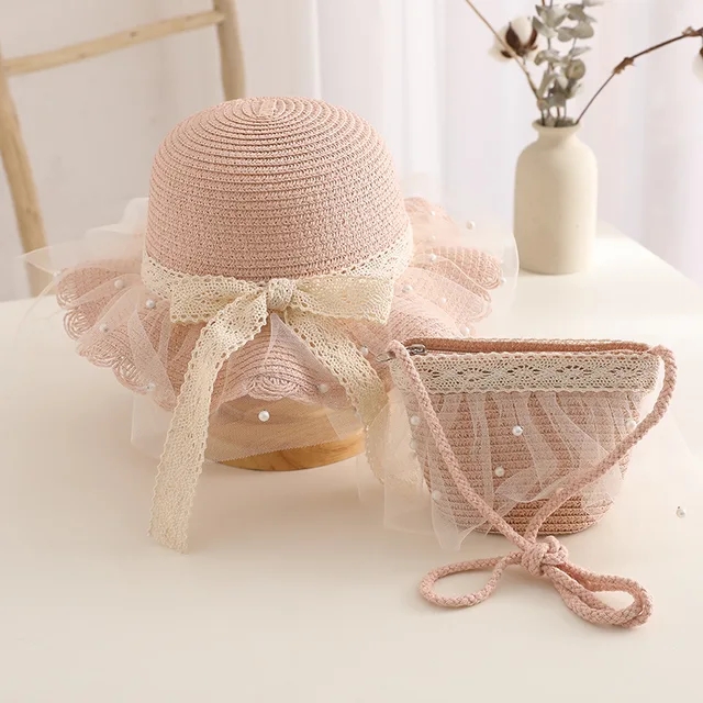 2024 neue Sommer Mädchen Strohhut Set Handtasche neue Blume Sonnenhut Strohhut Sonnenhut Kinder Mädchen Baby Strohhut Sombrero Sunset: YELLOW