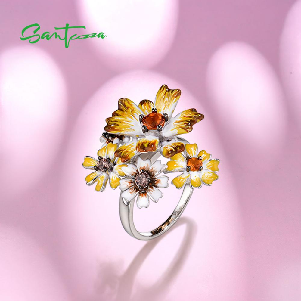 SANTUZZA Silver Rings For Women Genuine 925 Sterling Silver Handmade Enamel Yellow Flowers Trendy Party Fine Jewelry