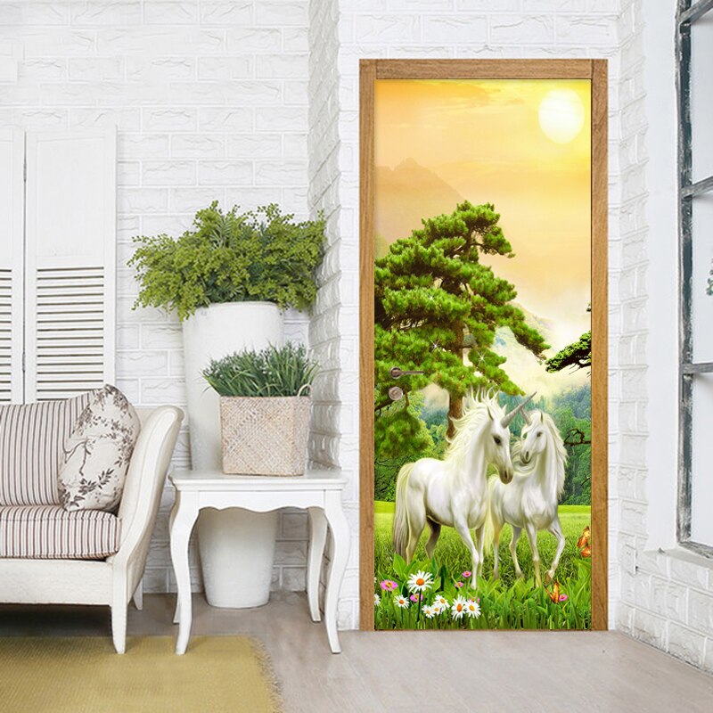 2 stuks/set Zelfklevende Deur Sticker 3D Bos Dier Behang Woonkamer Home Decor Plakken PVC Waterdichte Deur Muur sticker