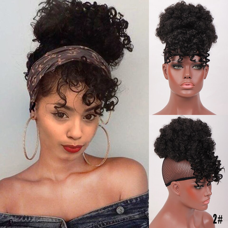 LUPU Synthetic Hair Bun High Puff Afro Kinky Curly Chignon Clip In Hair Extension Drawstring Ponytail With Bangs Heat Resistant: 2