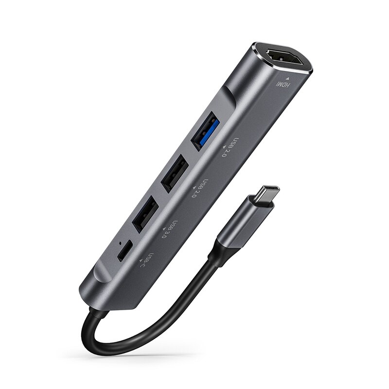 USB C Hub, 5-in-1 USB C Docking Bahnhof Adapter, USB-C zu HDMI + Typ-C + USB3.0 + USB2.0, Bis zu 3840X2160P/30HZ