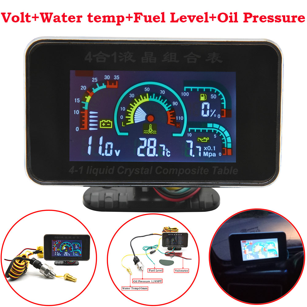 2 In 1 / 3 In 1 / 4 In 1 LCD Digital Oil Pressure Gauge Voltmeter Fuel Level Meter 1/8 NPT Oil Press Sensor + Water Temp Sensor: Gold
