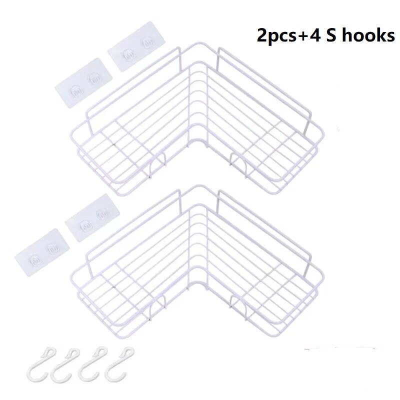 Etagère ventouse pour salle de bain ou cuisine, poinçon, cadre d'angle, fer forgé, rangement de shampoing et accessoires: WHITE(2PCS)