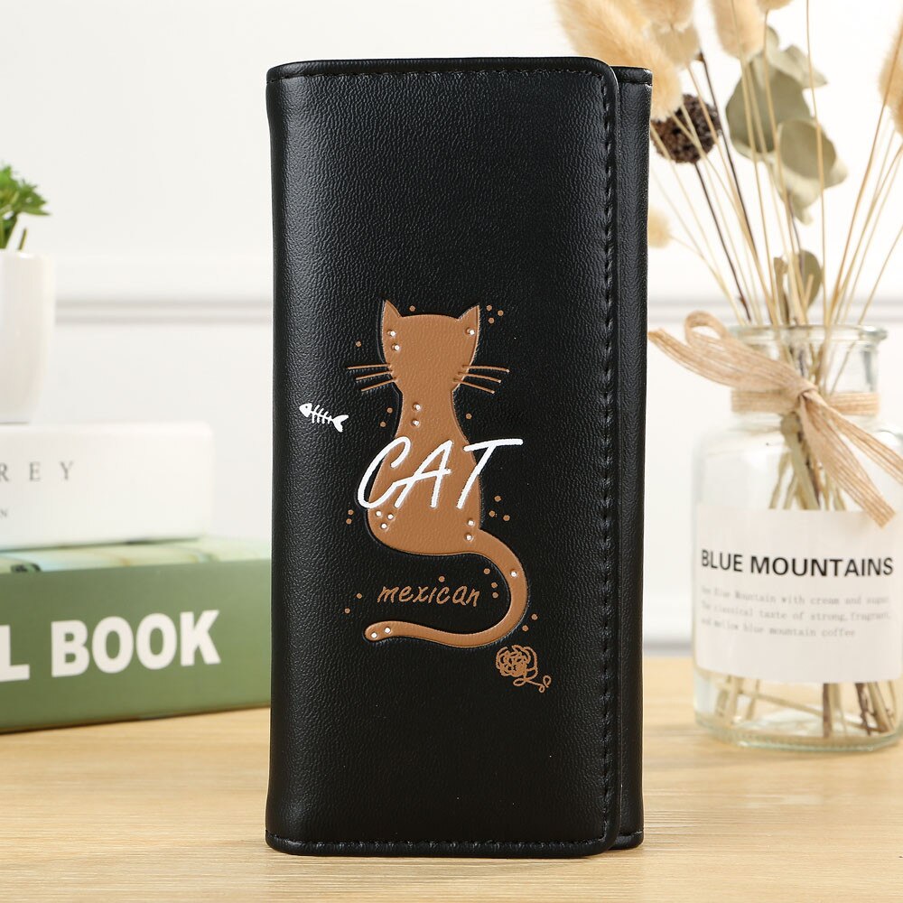 Women Simple Cat Long Wallet Coin Purse Card Holders Handbag Package Fold Pu Leather Female Coin Purse Card Holder