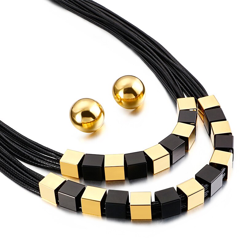 KALEN Leather Rope Choker Jewellery Multiple Color Stainless Steel Necklace Earrings Sets For Women Dubai Femme Jewelry Sets: KS131162-LX