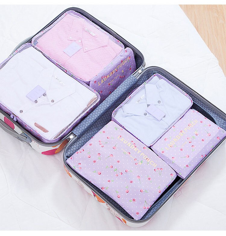 Nylon Packing Cube waterproof Travel Bag 6Pcs/Set System Durable Large Capacity Of Bags Unisex Clothing Sorting Organize: pulple Cherry