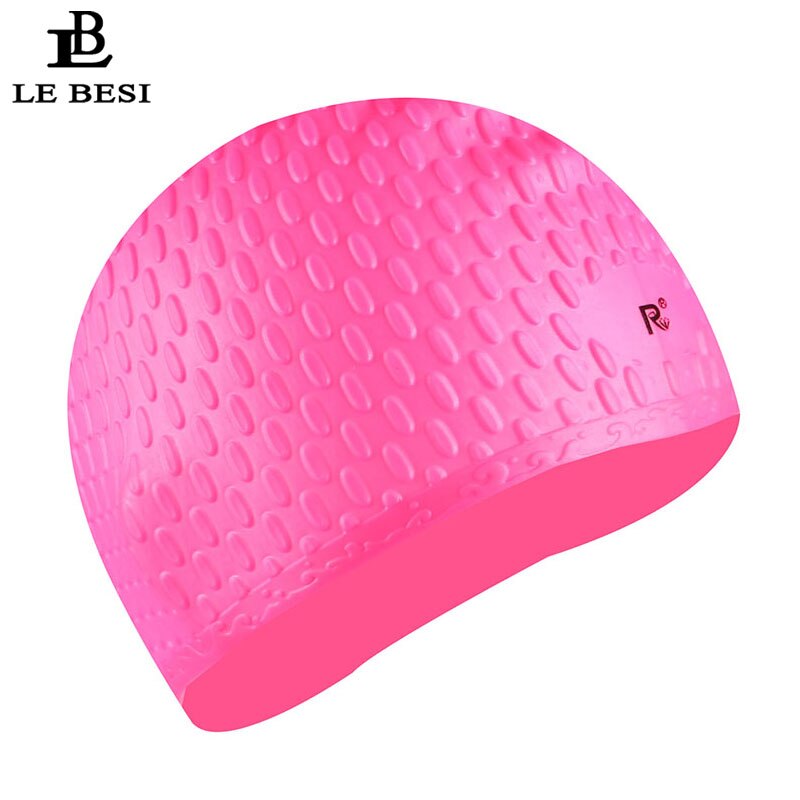 Lebesi kvinner badehette boble partikler langt hår svømmebasseng lue elastisk badehette vanntett deksel øre badehette: Rosa
