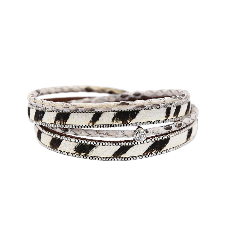 STRATHSPEY-Pulseras envolventes multicapa para mujer, pulsera de cuero con estampado de animales, brazalete Vintage de diamantes de imitación, joyería de cebra: Stripe-39.5cm