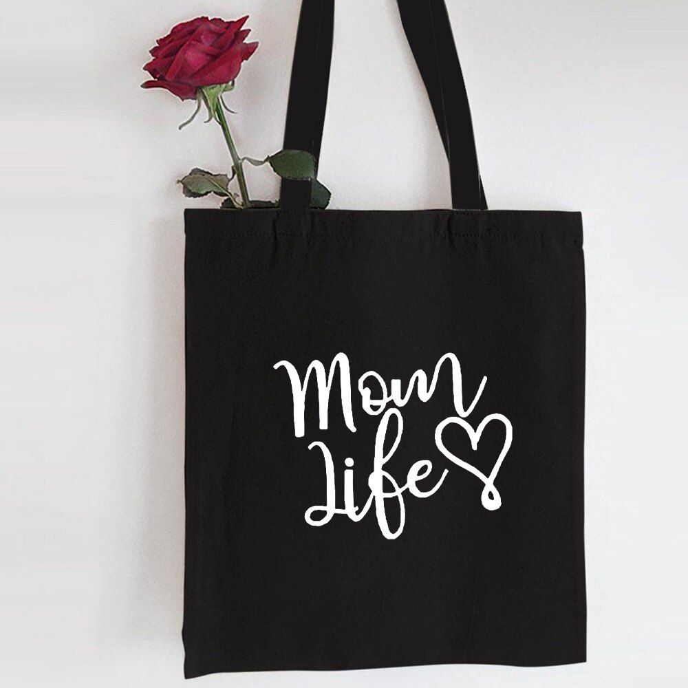 Mom Life – sac de Shopping réutilisable imprimé, fourre-tout pliable en toile à la pour femmes, sac à bandoulière, sac à couches pour maman, sacs de voyage: 39G2-TBBK-M