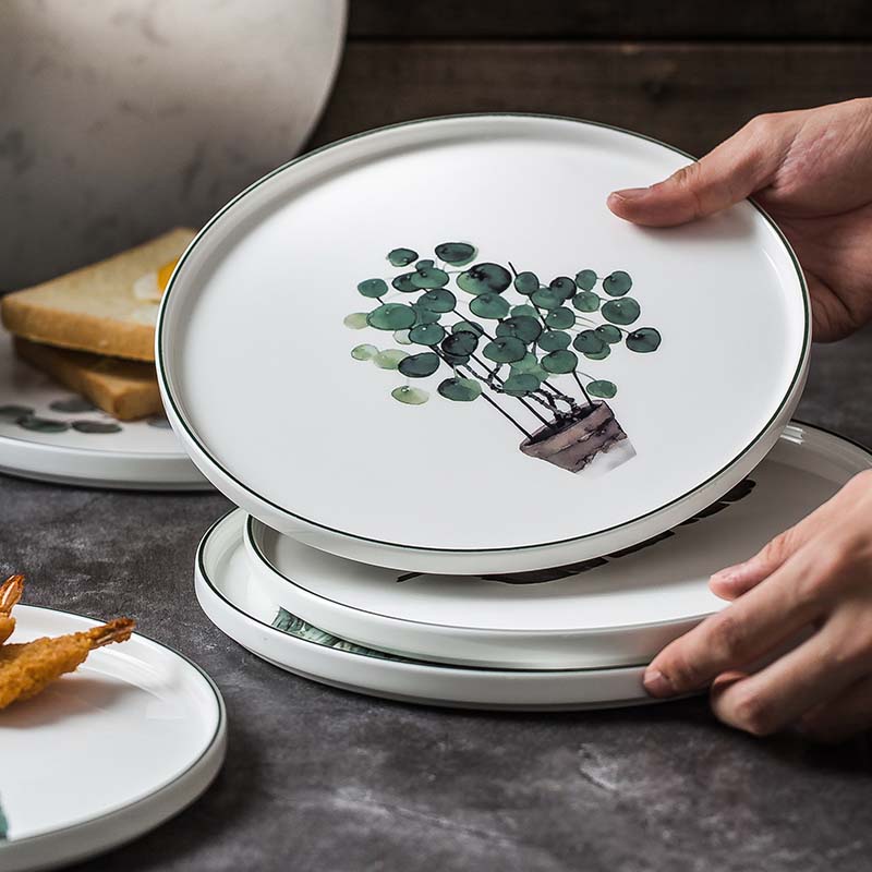 Scandinavian style underglaze Western food plate Simple floral pattern steak plate stackable dessert salad plate dish