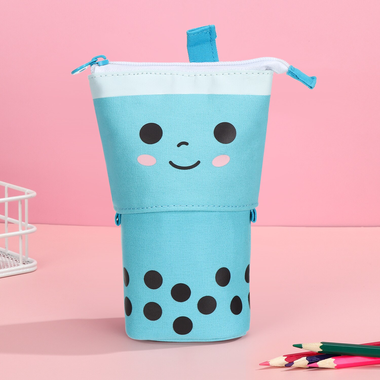 1 Set Cute Boba Milk Tea Pen Case Pencil Holder Stationery Case Stand Up Telescopic Pencil Case Pen Box Stationery Pouch Bag: blue