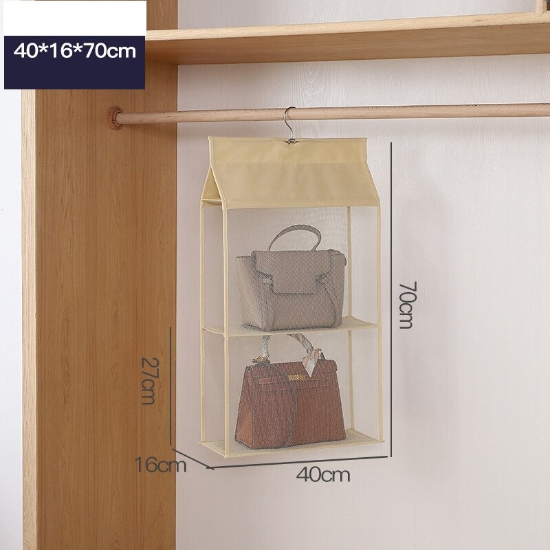 Organisateur de sac à main suspendu, sacs de rangement transparents pour penderie pour sac à main, placard à chaussures, organisateur de sac, porte murale, pochette d'articles divers: beige 2 layers