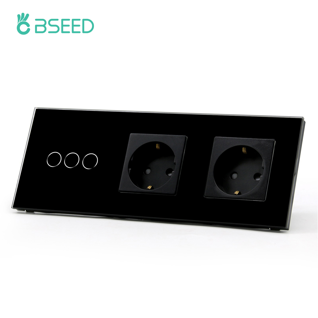 BSEED EU Standard 1/2/3Gang 1Way Touch Switch With Double EU Wall Sockets Black White Golden Glass Wall Led Light Power Switch: Black 3Gang