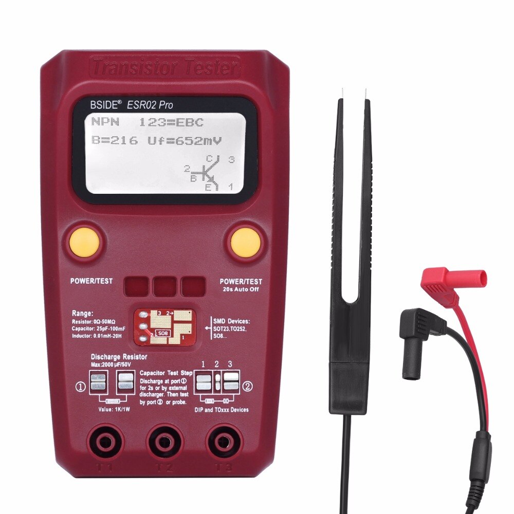 Digital transistor esr 02 pro tester smd komponenter diode triode motstand kondensator induktor meter multimeter med pinsett: Esr 02 pro-rød-klipp