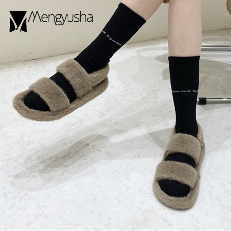 Vinter mink pels sandaler kvinner elastisk stropp gladiator sandaler bomullssko studenter flipflops kvinne dobbeltbånd lodne sandalier: kaki / 6.5