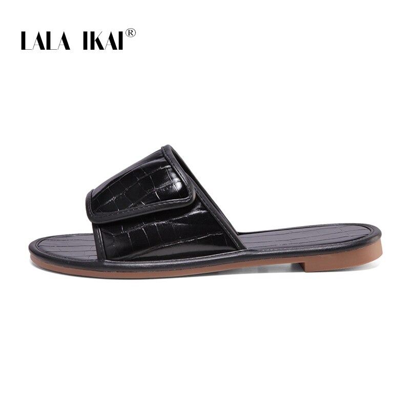 LALA IKAI Summer Flat Slippers Stone Pattern Women's Shoes Solid Color Velcro Women Flip Flop Zapatos de mujer: Black / 41