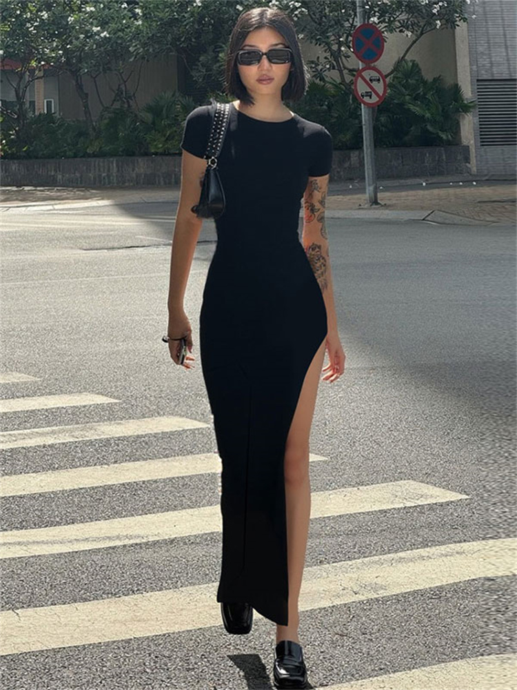 Tossy Summer Black Maxi Dress For Women High Waist Short Sleeve Side Split Sexy Party Dress Gown Female Bodycon Dress: S