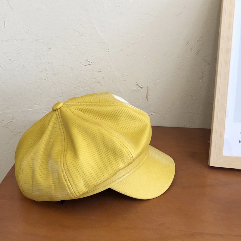 Leather Vintage Berets Painter Hat Autumn Winter Caps Male Female Casual Solid Color PU Leather Octagonal Cap: 0028 Yellow