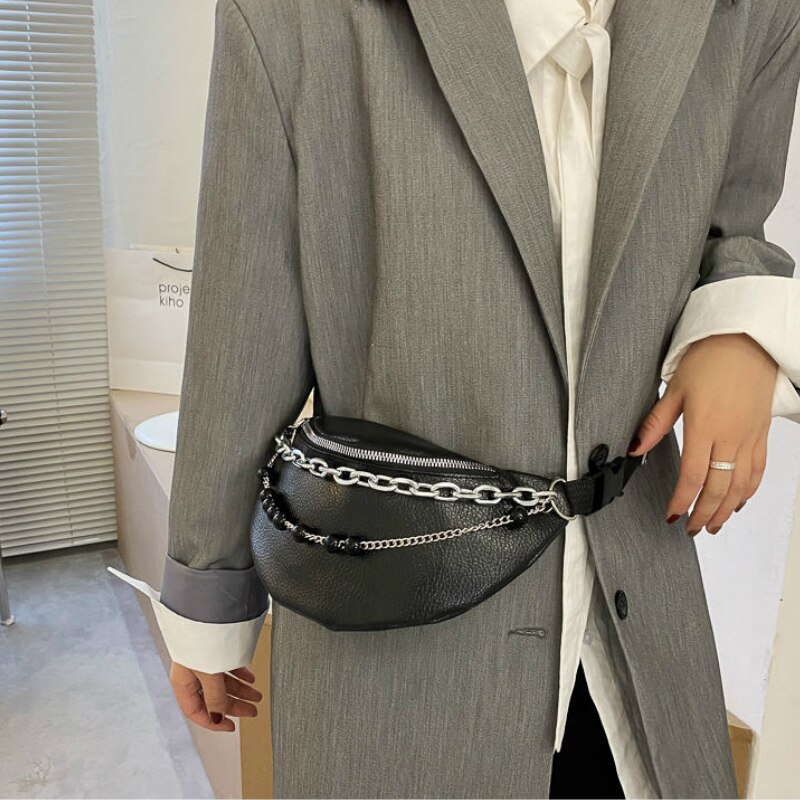 Waist Packs Women PU Leather Chain Unisex Chest Cross Body Women All-match Fanny Bags Ins Harajuku High Street Hip-hop