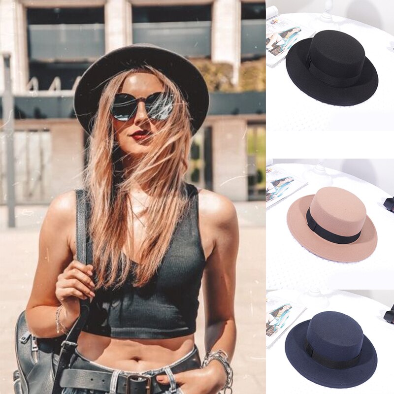 Chapeau Fedoras en laine pour femme, classique, couleur unie, en feutre, à bord plat, Jazz, seau, hiver, printemps et été