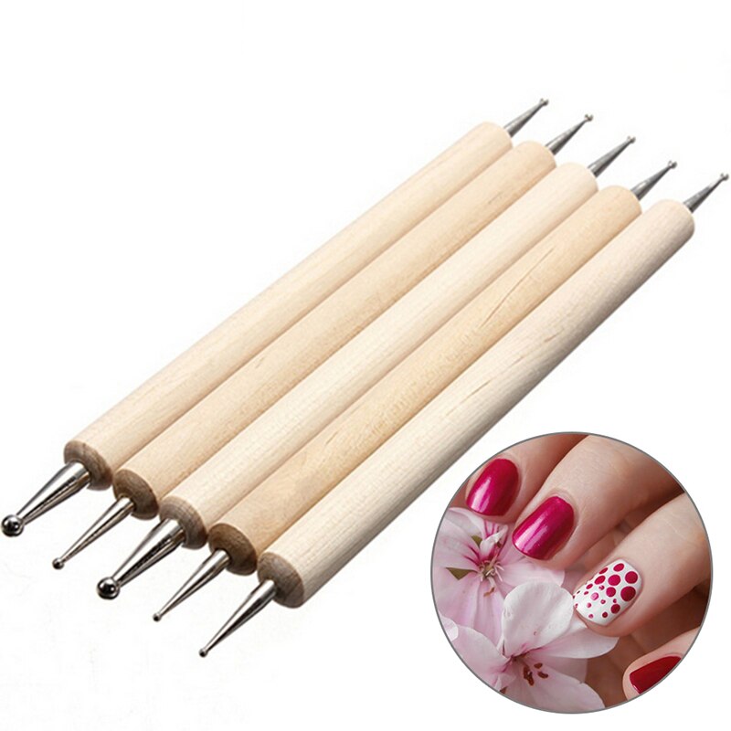 Pluma de madera de 2 vías para punteado de uñas, herramienta de marmoleado para manicura, herramientas de belleza con mango, recolector de diamantes de imitación, Kit de herramientas de pintura de uñas, 5 uds.