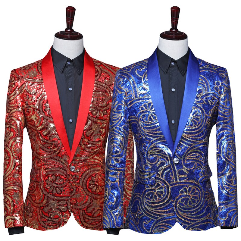 Chaquetas de traje de escenario para hombre, bléiser de lentejuelas Vintage en azul y rojo, abrigo Delgado a la , chaqueta de presentación para actuaciones nocturnas