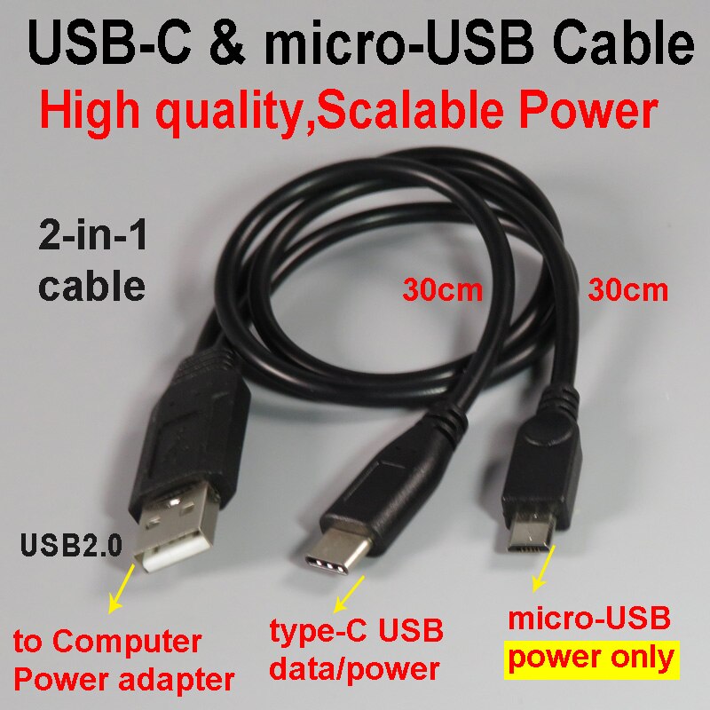 Type-C En Micro-Usb 2-In-1 Data Power Cable USB2.0 Charge Kabel 30cm Voor USB-C Apparaat Smart Telefoon Ondersteuning Schaalbare Power