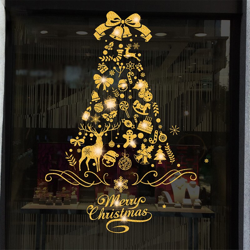 Merry Christmas Gold Garland Stickers Shining Tree Window Sticker Xmas Wall Decals Year Showcase PVC Wall Paper Home Decor