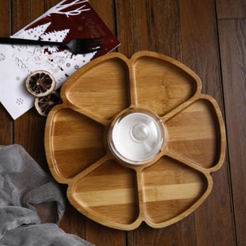 Petal Shaped Six Compartments, Nut Box, Dried Fruit Plate, Compartment Snack Plate, Fruit Plate with Ceramic Bowl Cover